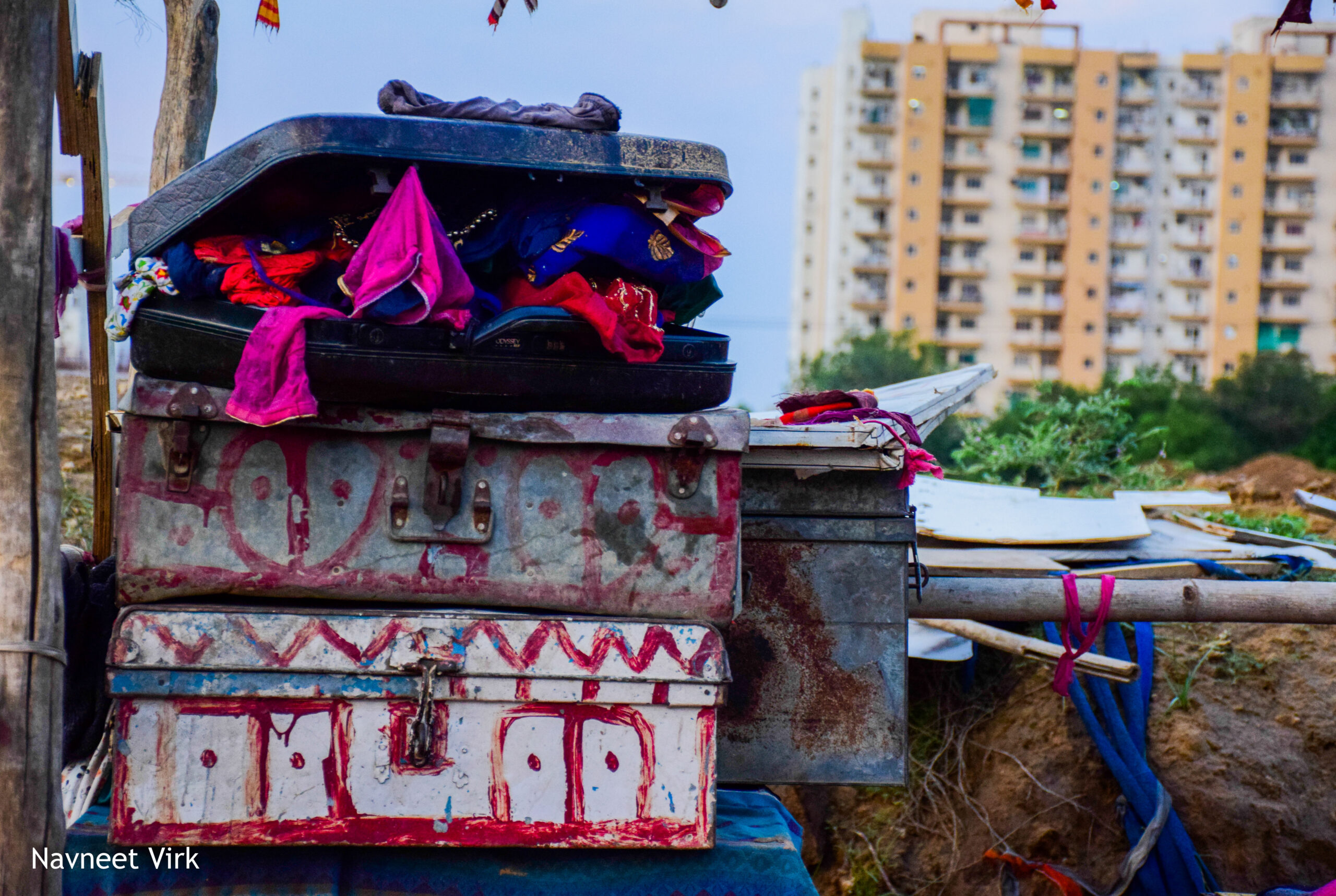 A nomadic life, Gadia Lohars cloth trunks in open while the family had still to make their makeshift home